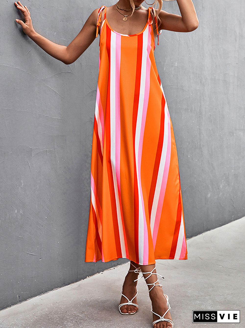 Loose Sleeveless Contrast Color Striped Tied U-Neck Midi Dresses Slip Dress