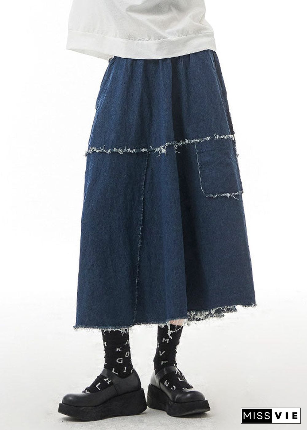 Unique Blue elastic waist side open Patchwork Skirts Spring