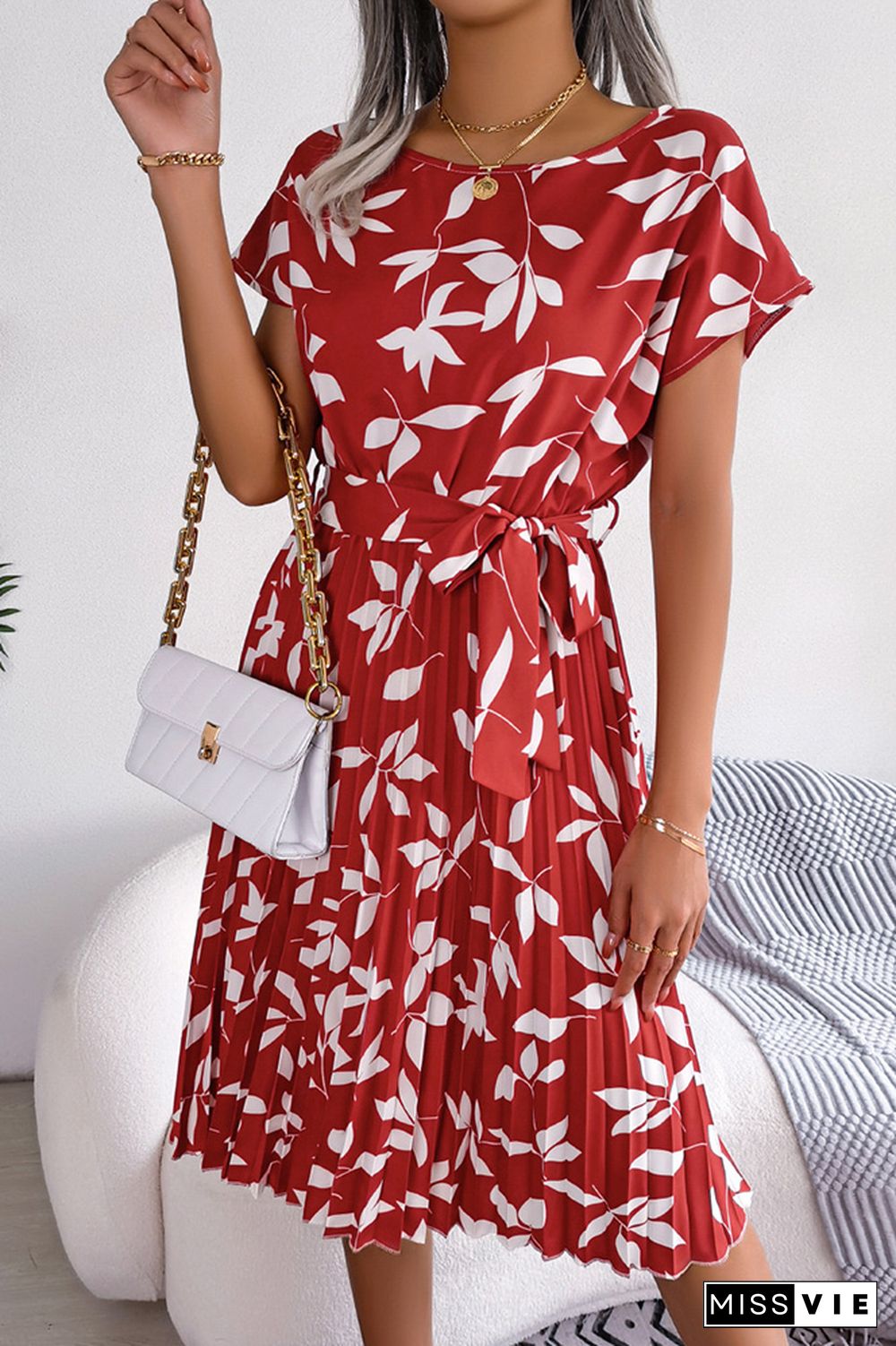 Leaf Print Pleated Midi Dress With Sash