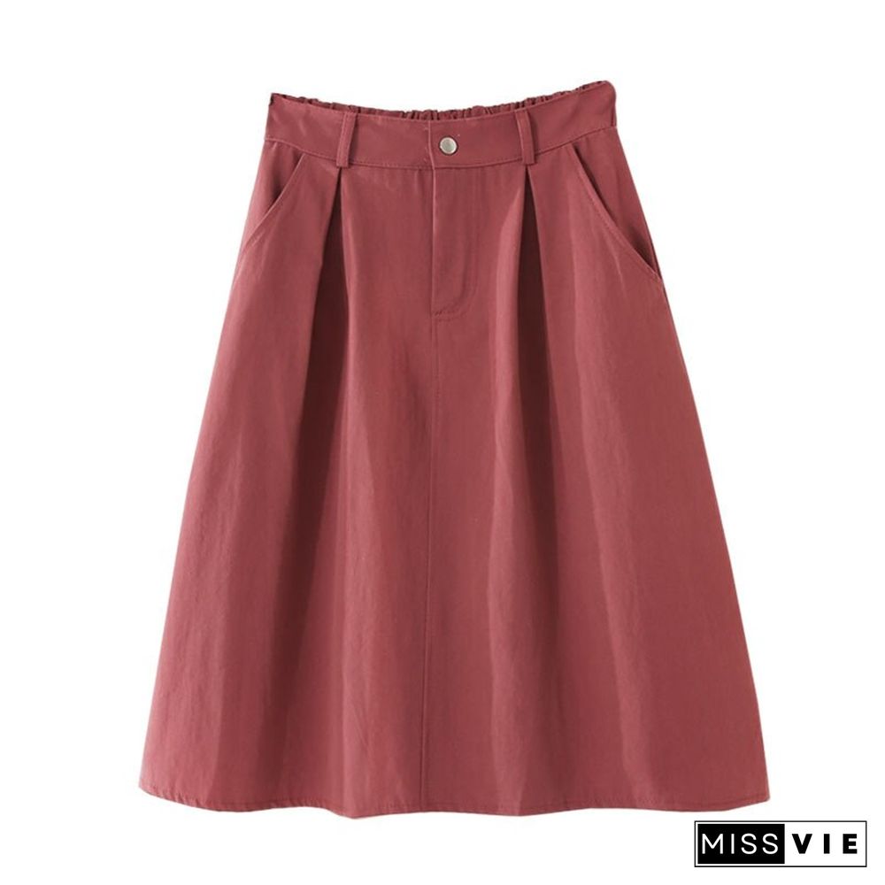 New Solid Color One-line Skirt Double Pockets Fashion A-line Skirt