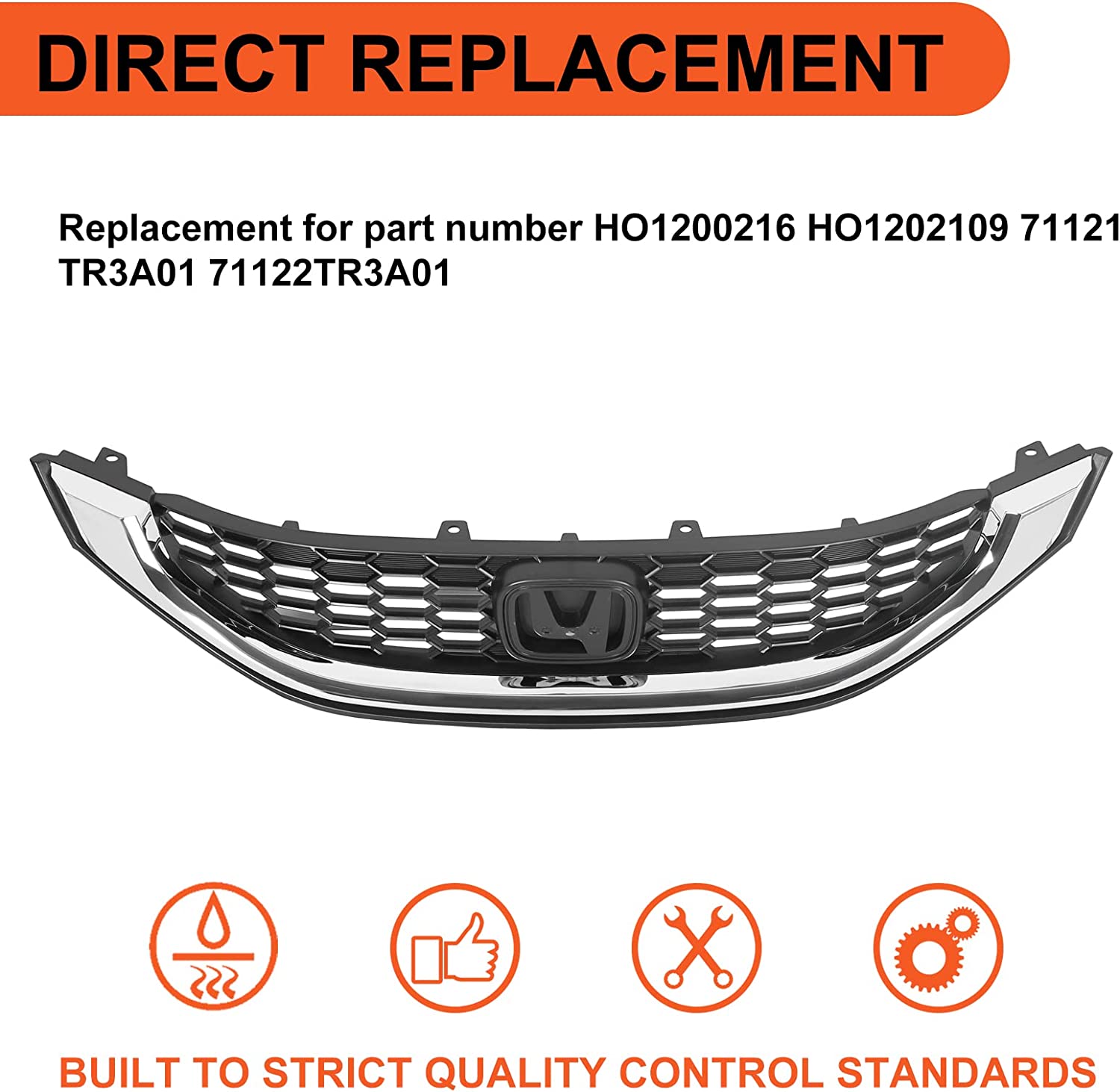 ECOTRIC Front Bumper Grille Black w/Molding for 2013 2014 2015 Honda Civic Sedan Replaces HO1200216 HO1202109 71121TR3A01 71122TR3A01