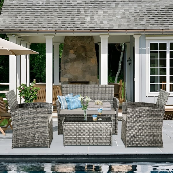 4 PCS Wicker Patio Conversation Set Rattan Seating Sofa Chair