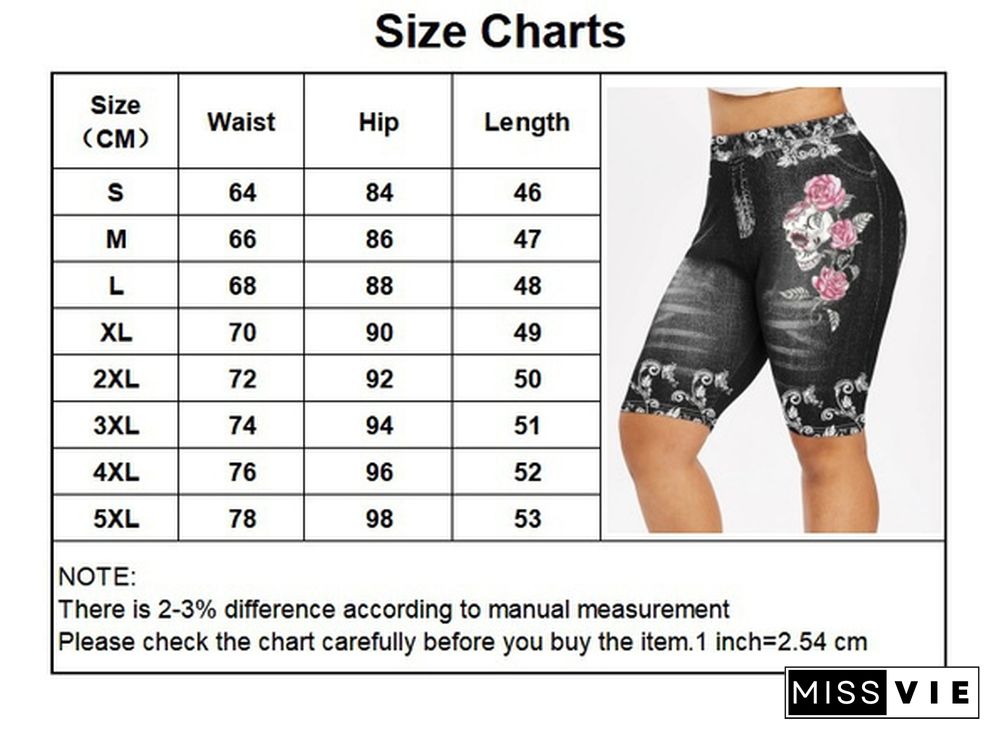 Women Fashion Skinny Skull Flower Print Casual Jeggings Yoga Leggings Faux 3D Denim Jean Shorts Pants Plus Size S-5XL