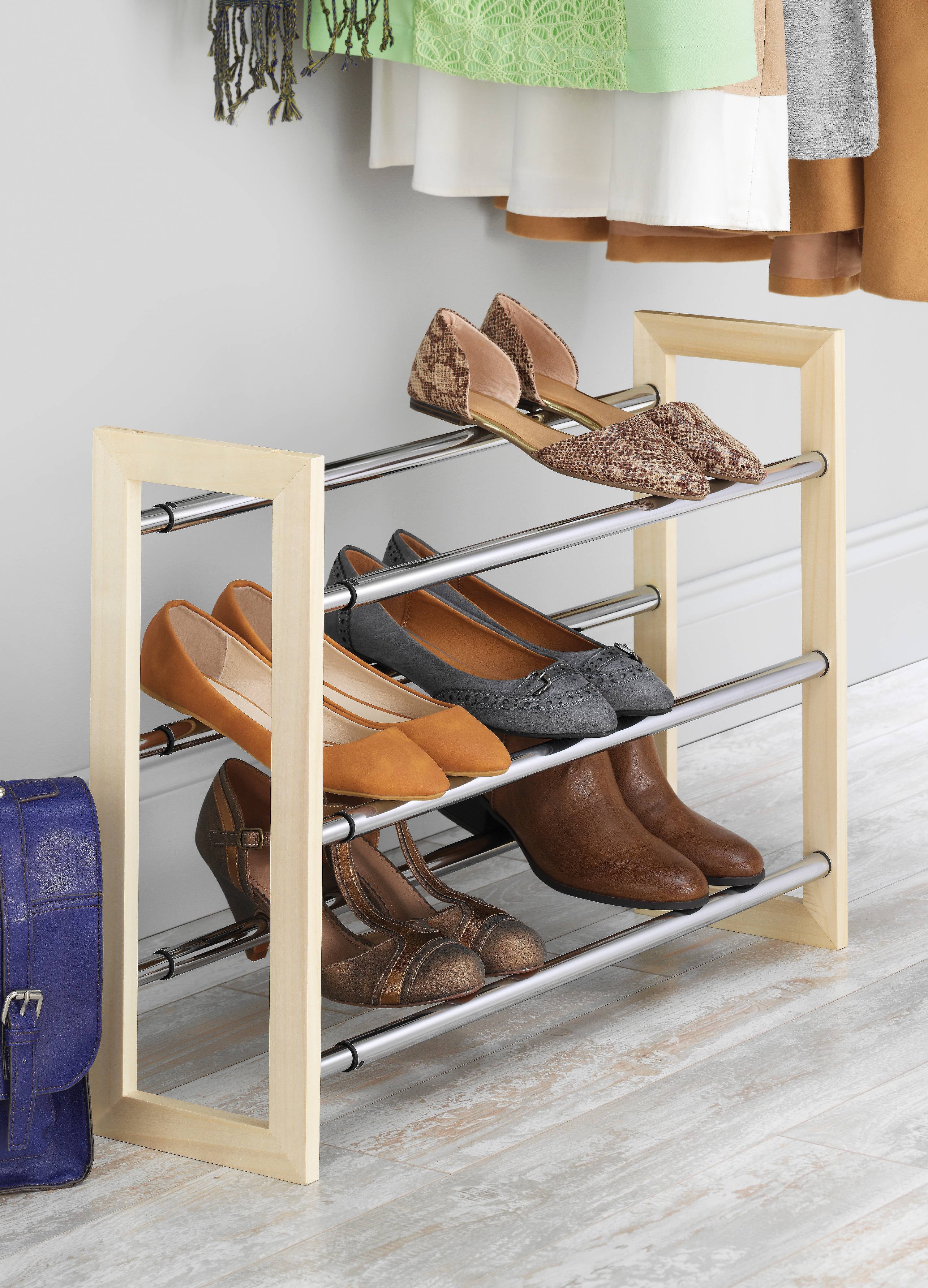 Whitmor 3-Tier Expandable Stackable Shoe Rack， Metal and Wood， Natural Wood and Chrome