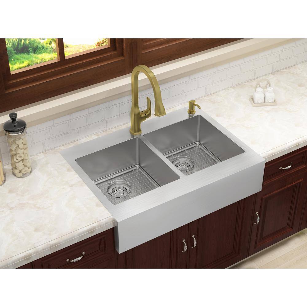 Glacier Bay Retrofit Drop-In Stainless Steel 33 in. 2-Hole 5050 Double Bowl Flat Farmhouse Apron Front Kitchen Sink 302-7356