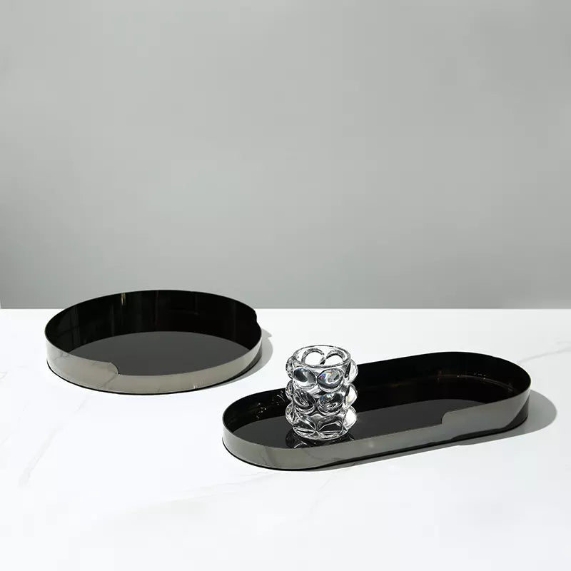 Black Glass Tray With Silver Metal Detail - Oval Fc-W22007