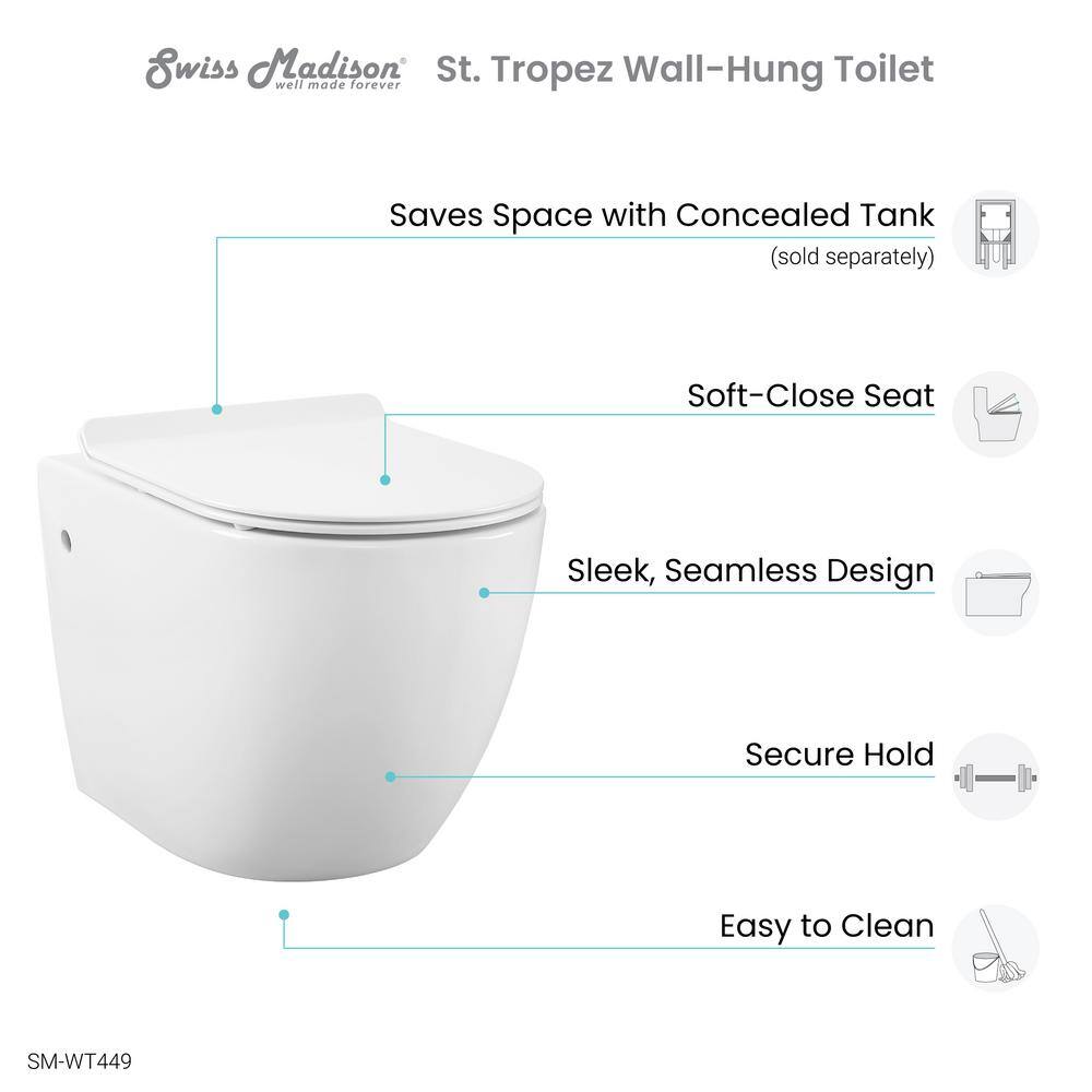 Swiss Madison St. Tropez Wall Hung Toilet Bowl 0.81.28 GPF Dual Flush Elongated in White SM-WT449