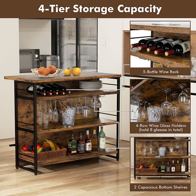 Kitchen Island With 4-tier Storage Shelf And Long Footrest For Home-rustic Brown