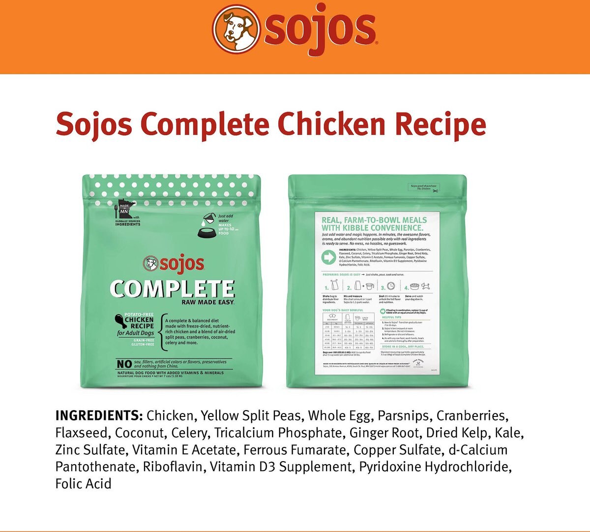 Sojos Complete Chicken Recipe Adult Freeze-Dried Grain-Free Dehydrated Dog Food