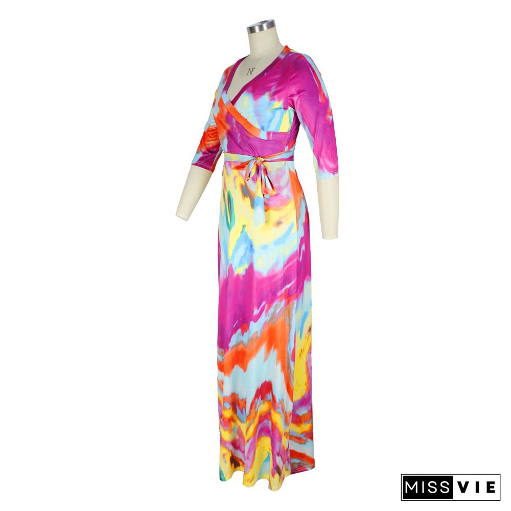 Elegant Abstract Printed Women Three Quarter Sleeve V Neck Bandage Summer Vacation Maxi Dress