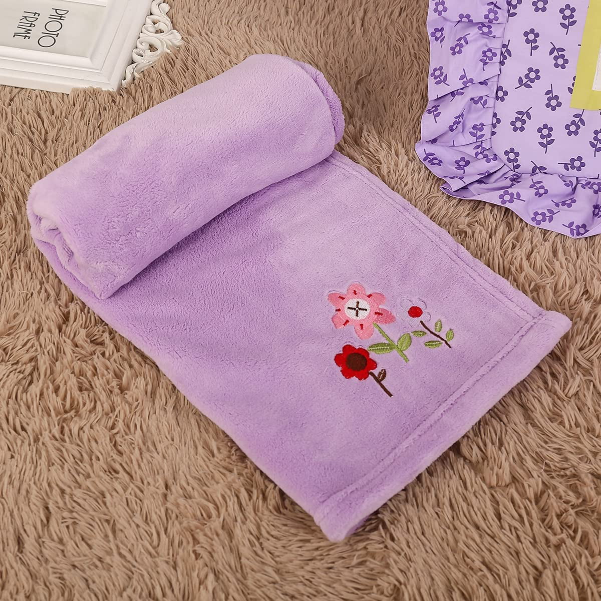 Sweet Baba Luxury 4 Piece Butterfly Crib Bedding Set，Purple Crib Set for Baby Girls，Microfiber Printed Nursery Bedding Set with Comforter/Skirt/Crib Sheet/Blanket， Cotton Crib Set