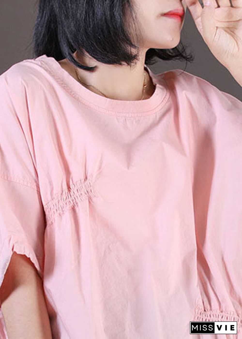 Plus Size Pink Wrinkled Drawstring Cotton Pullover Sweatshirt Top Summer