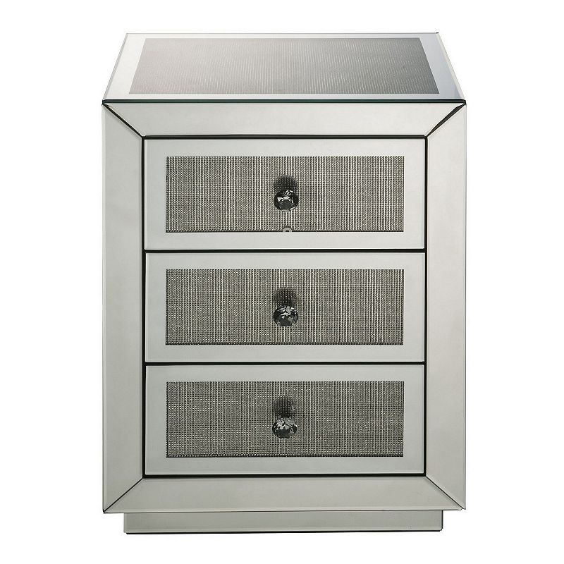 3 Drawer Mirrored Accent Table with Faux Diamond Inlay， Silver