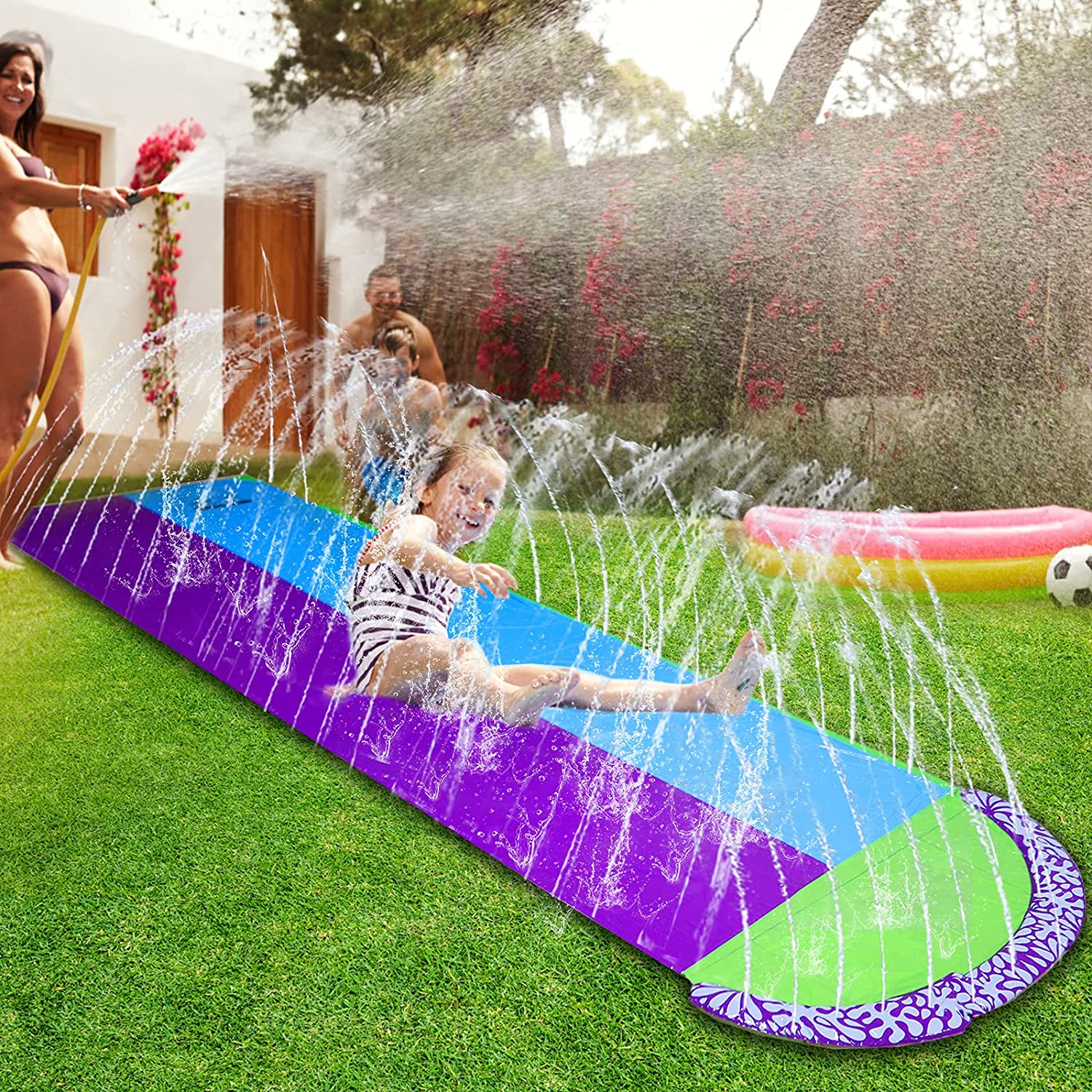 Intera Slip and Slides with 2 Bodyboards Water Toys, Backyard Giant Racing Lanes Splash Outdoor Pool Inflatable Water Slides Summer Play,15.7ft x 55in