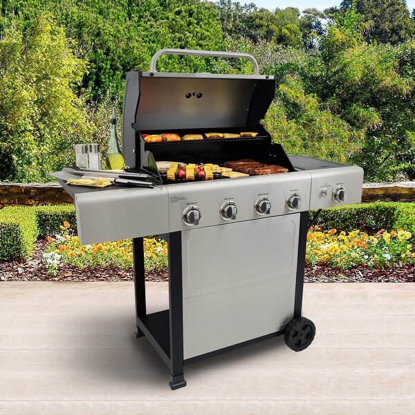 4-Burner Outdoor Propane Gas Grill with Side Burner， Open Cart， Stainless Steel