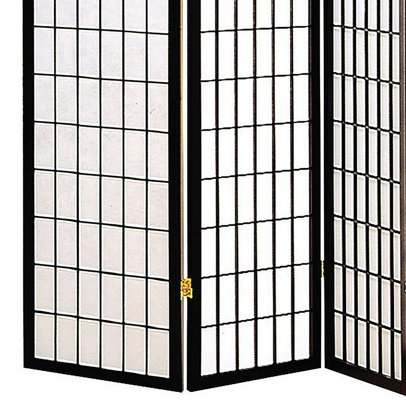 4 Panel Foldable Wooden Frame Room Divider with Grid Design， Black