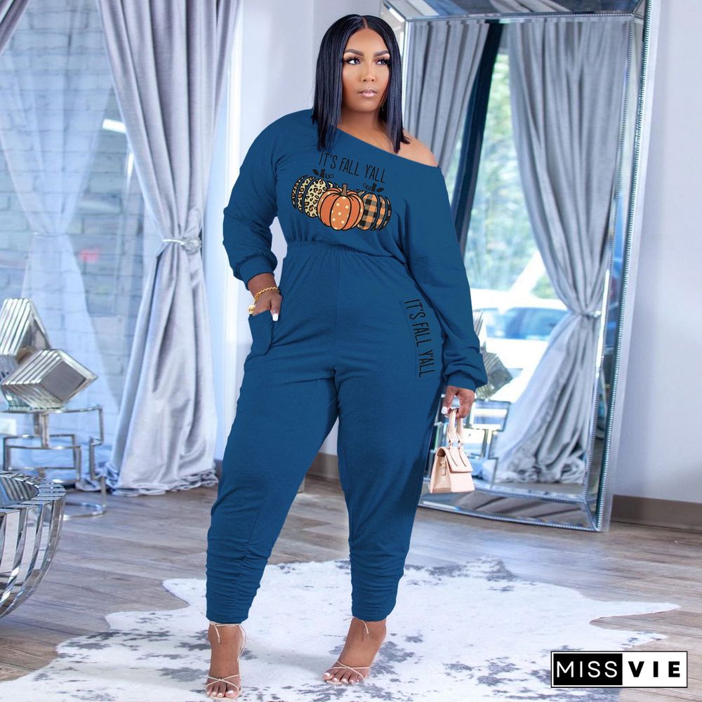 Casual Long Sleeve Print One Piece Plus Size Jumpsuits