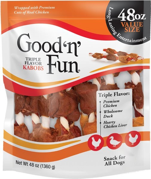 Good 'n' Fun Triple Flavor Kabobs Rawhide Chews Dog Dental Treats， 48-oz bag