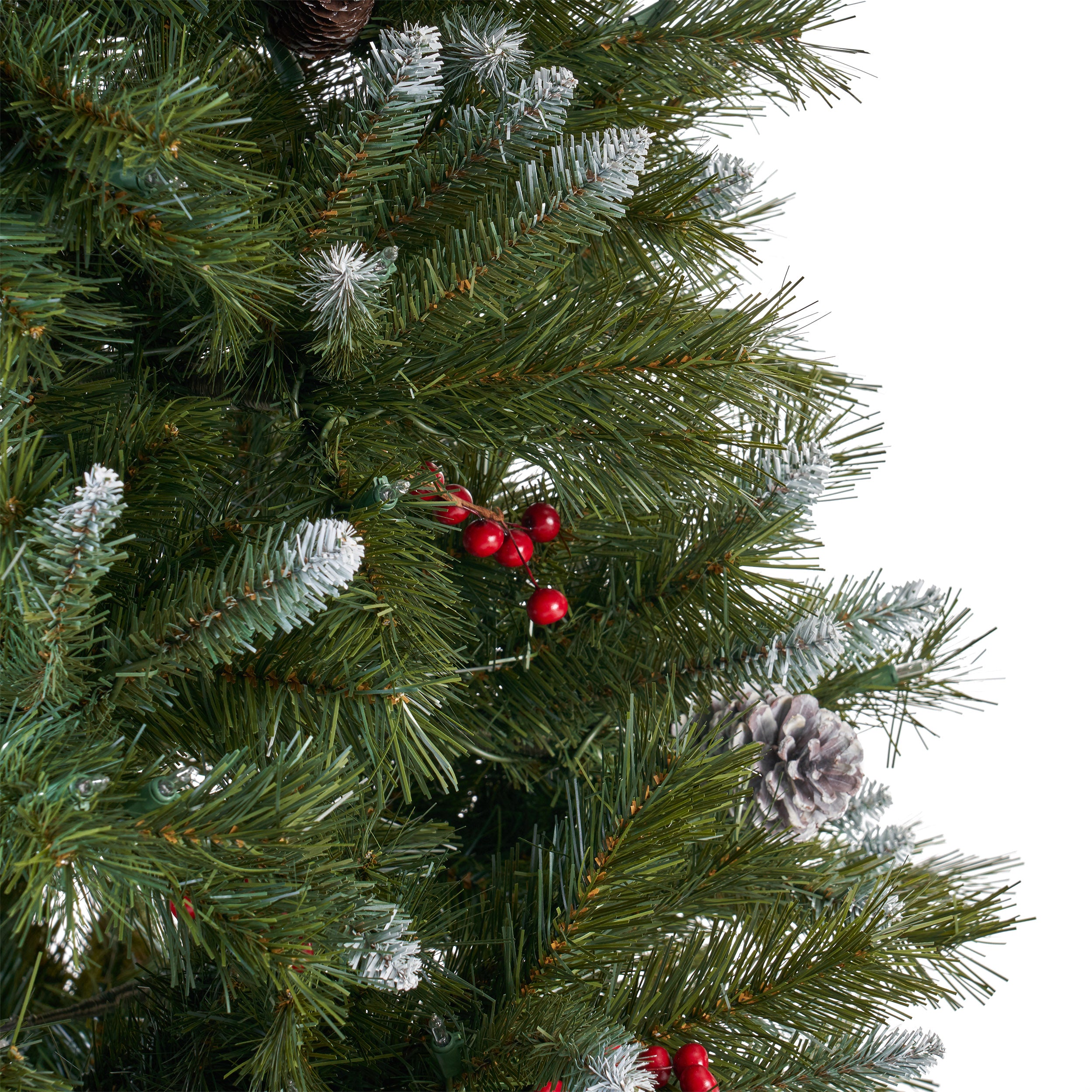 7-foot Mixed Spruce Hinged Artificial Christmas Tree with Frosted Branches, Red Berries, and Frosted Pinecones