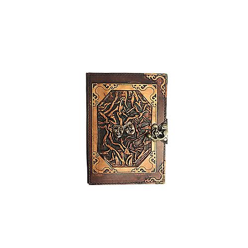 Genuine leather-bound journal notebook featuring drama masks by Woodland Leathers