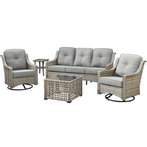 HOOOWOOO 5piece Patio Wicker Furniture Conversation Set with Swivel Chair and Coffee Table