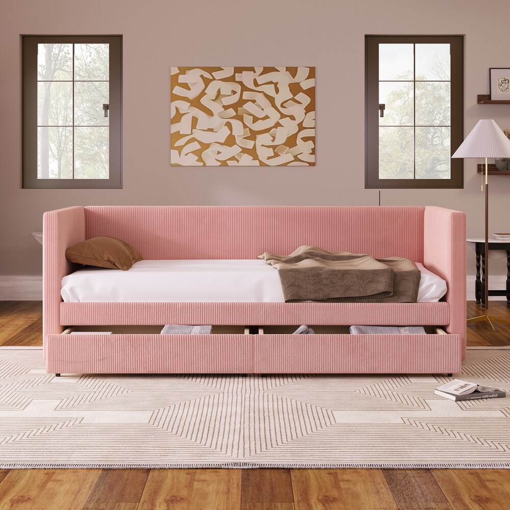 Pink Corduroy tufted Daybed Twin Frame w/ 2 Drawers No Box Spring Needed Wood Slat Support Bed Frame Noble Storage Bed Design