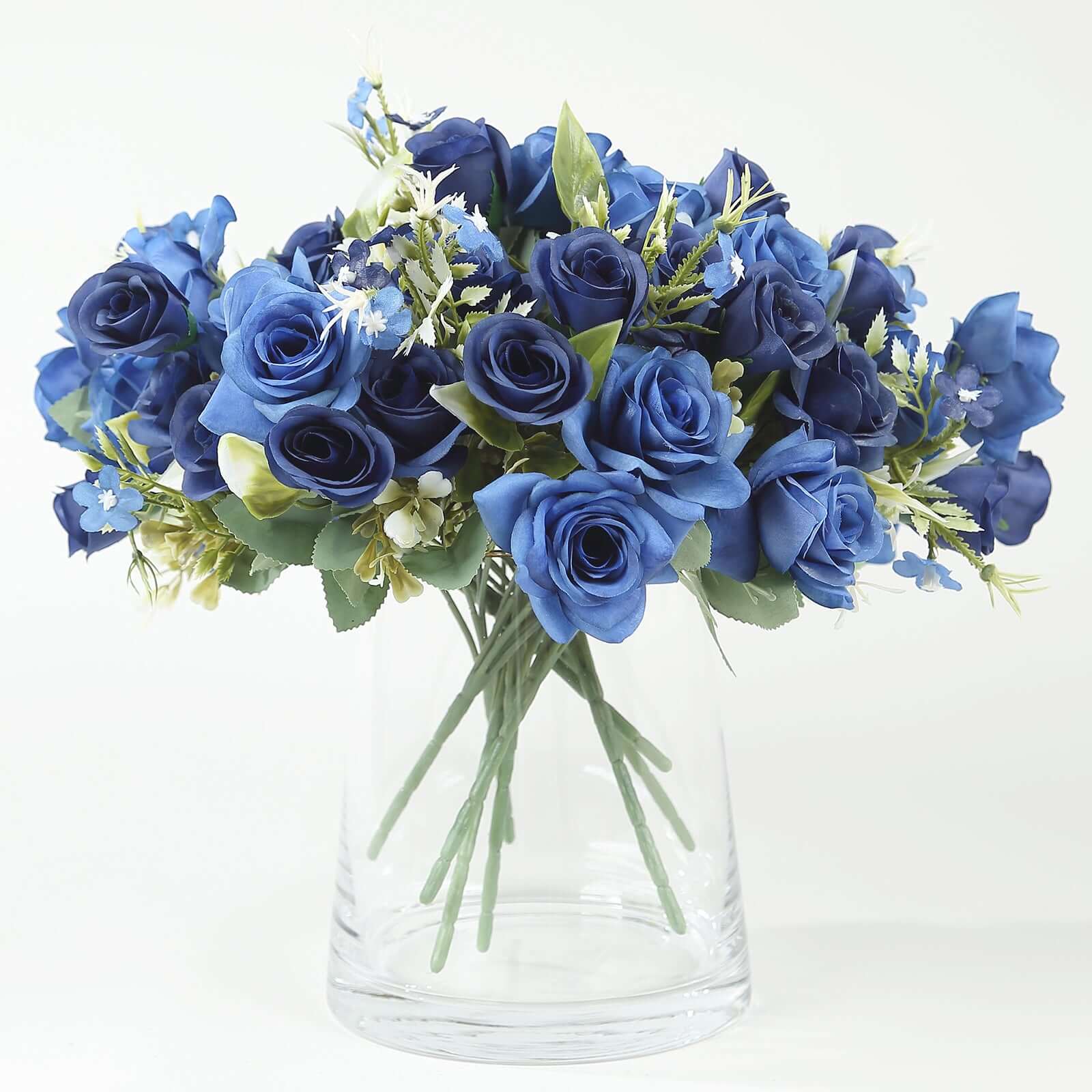 4 Bushes Navy Blue Real Touch Artificial Silk Rose Bridal Bouquet, Faux Flowers 12