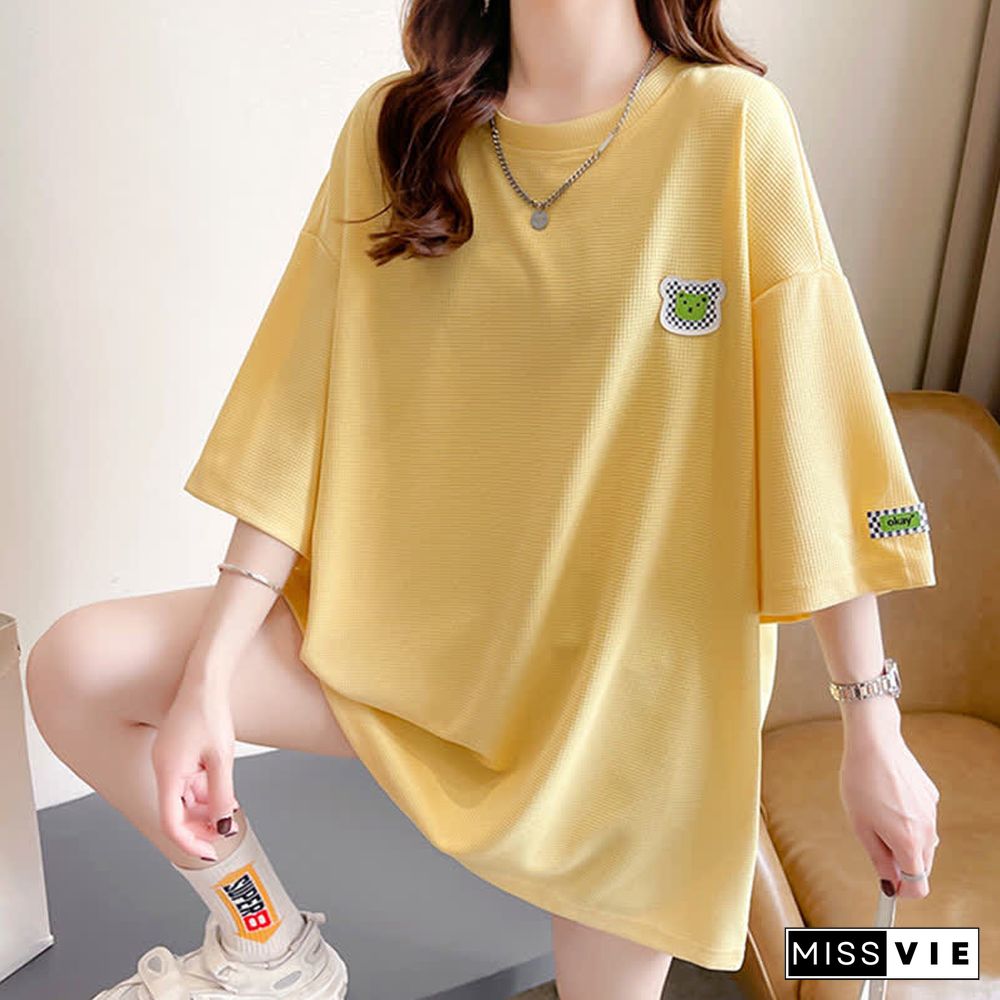 Loose Bear Embroidery Waffle Round Collar T-Shirt