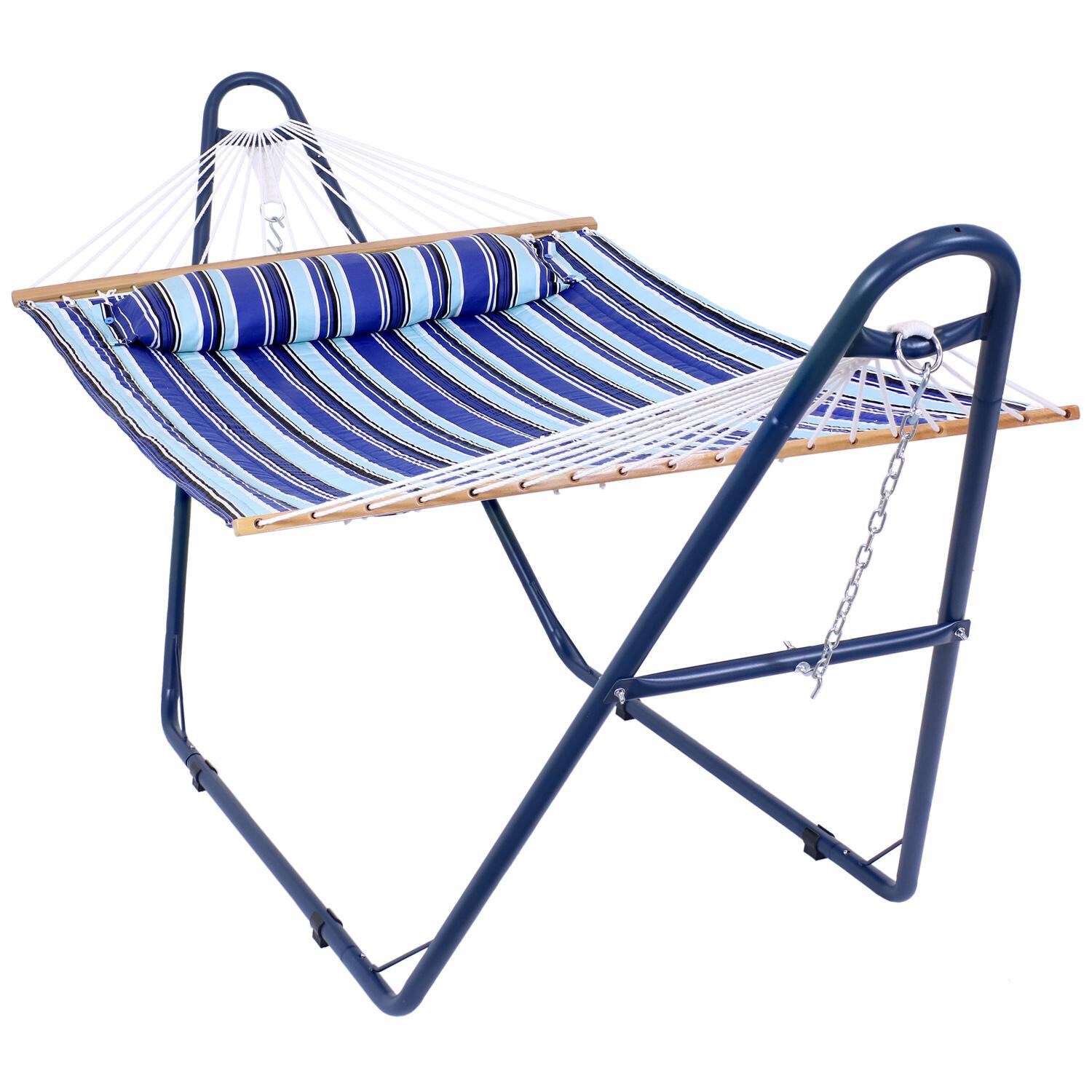 Ultimate Patio Quilted Double Hammock and Pillow w/ Blue Universal Stand