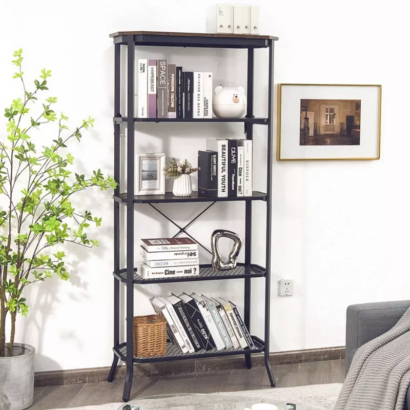 Hivago Industrial 5-Layer Bookshelf with Out-Stretched Legs-Rustic Brown