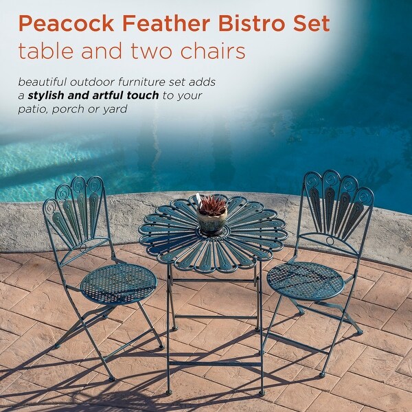 Alpine Corporation Indoor/Outdoor 3Piece Peacock Feather Rustic Metal Bistro Set Patio Seating，Light Blue