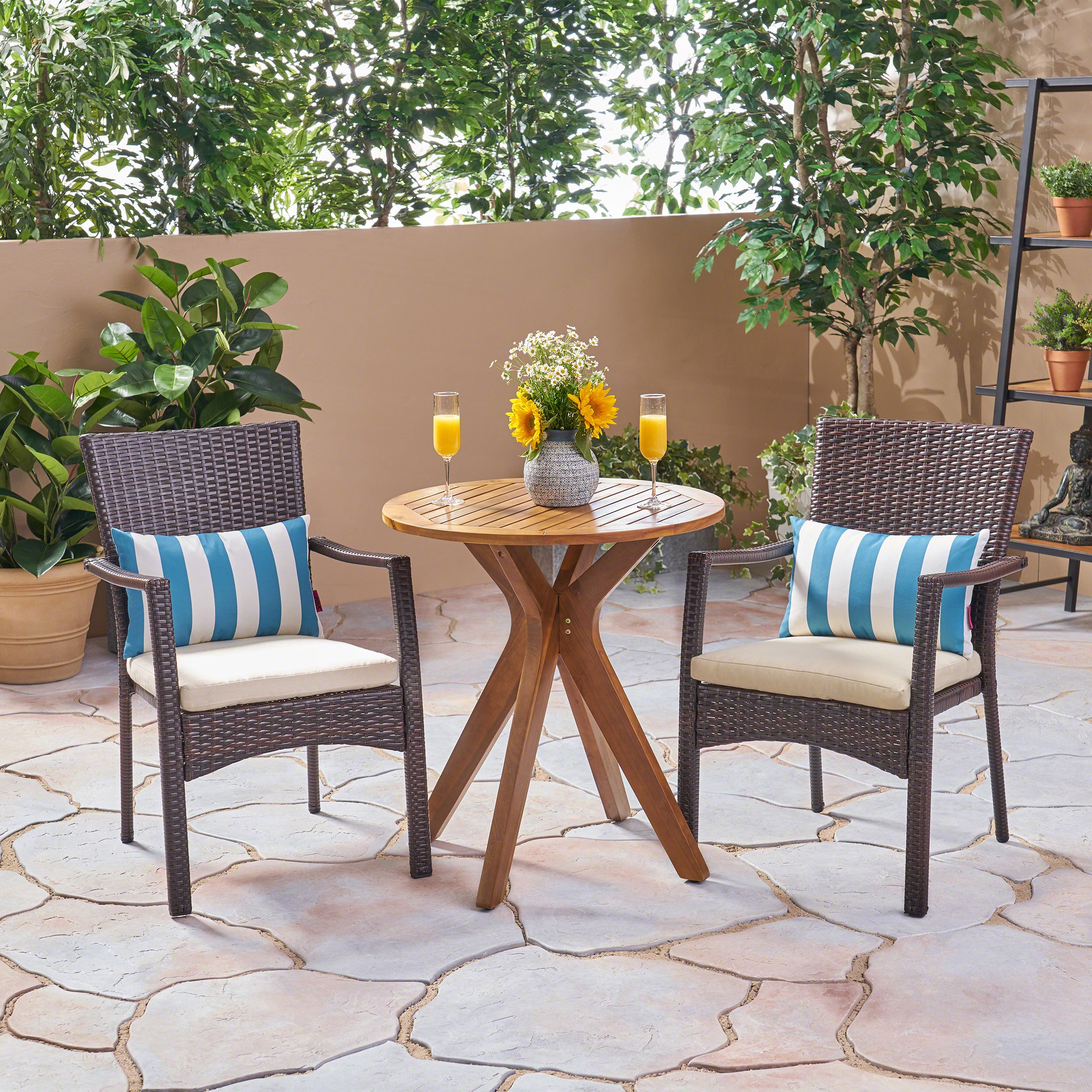 Kohler Outdoor 3 Piece Acacia Wood and Wicker Bistro Set