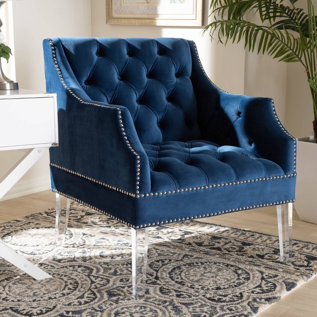 Silvana Velvet Lounge Chair With Acrylic Legs Blue Baxton Studio