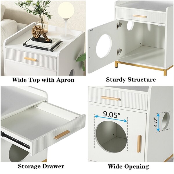 Cat Litter Box Enclosure， Hidden Litter Box Furniture with Drawer， Nightstand for Bedroom - - 36224734