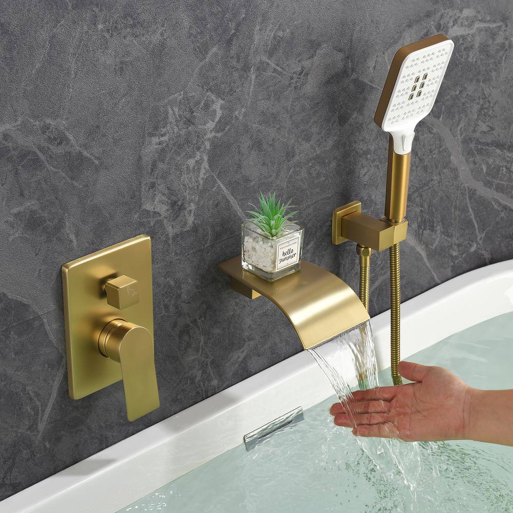 UKISHIRO 4.07 in. Single-Handle 3-Spray 1.8 GPM Adjustable Hand Shower and Wall Mounted Tub Spout in Gold (Valve Included) SMDJEO316001