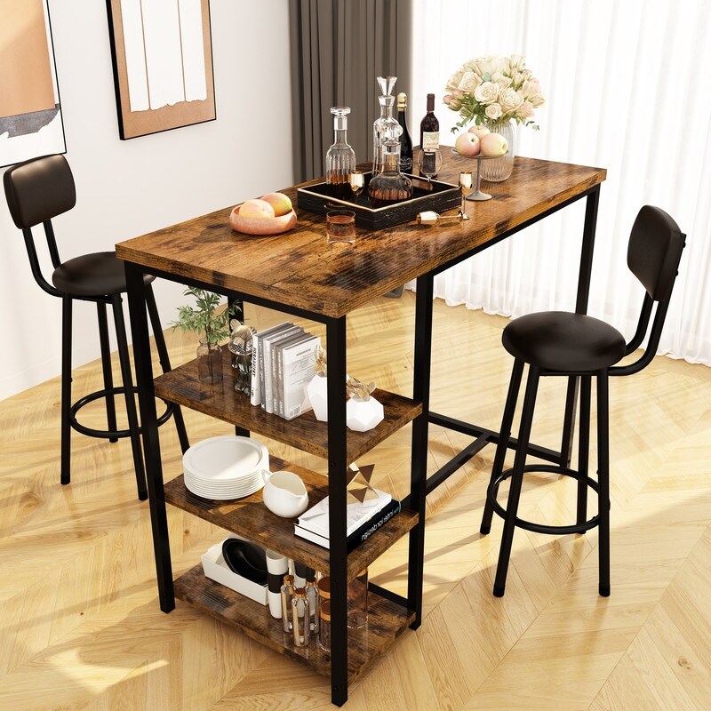 3 Pieces Industrial Bar Table Set  Counter Height Kitchen Pub Table Set with 3 Storage Shelves and Upholstered Stools