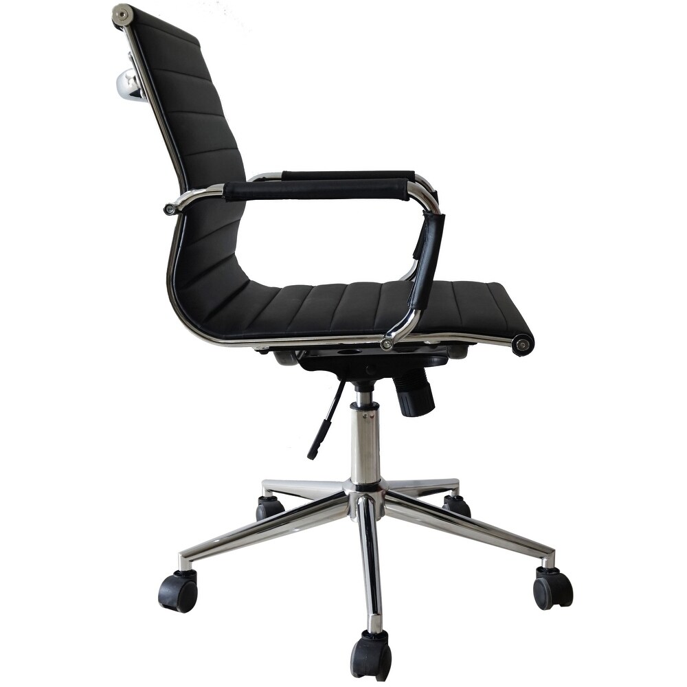 Mid Back PU Leather Executive Office Chair Ribbed Tilt Conference Room Boss Home Work Desk Task Guest With Arms