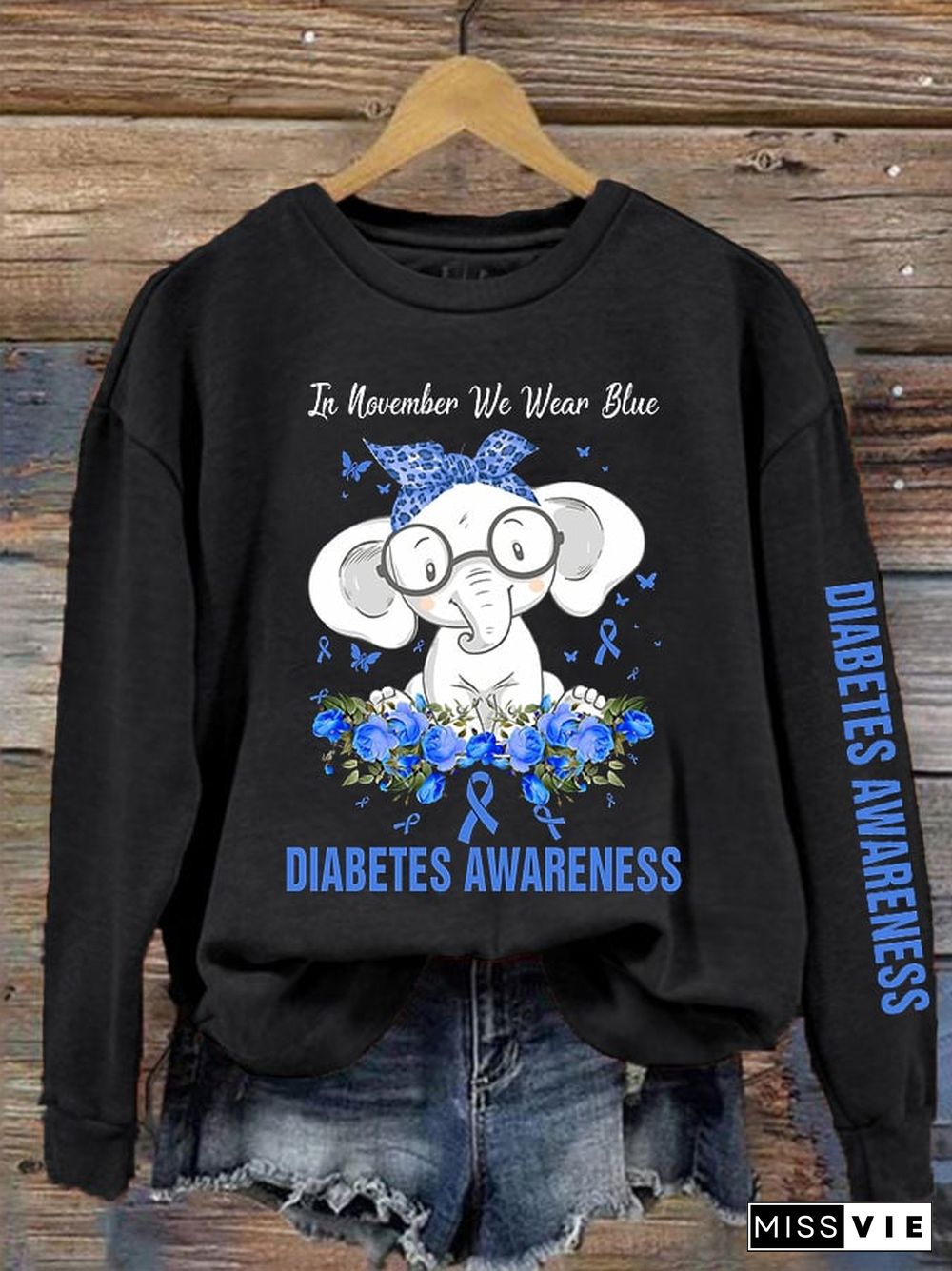 Women's Diabetes Awareness In November We Wear Blue Elephant Print Sweatshirt