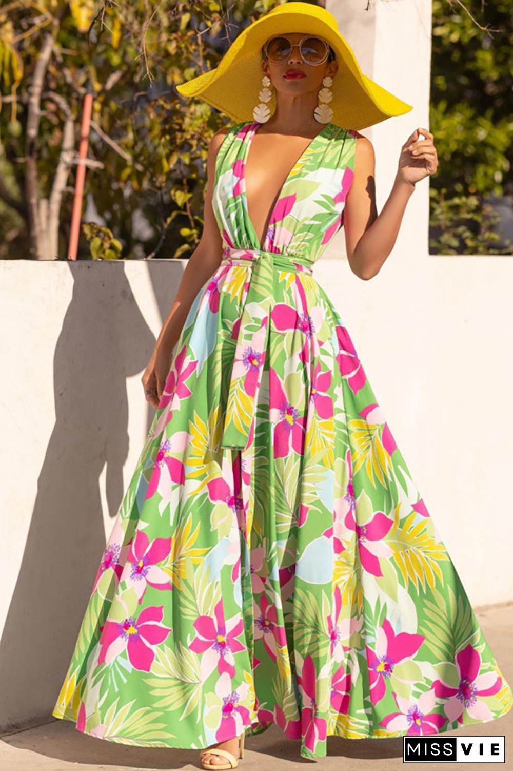 Deep V Neck Sleeveless Knotted Print High Slit Vacation Maxi Dress