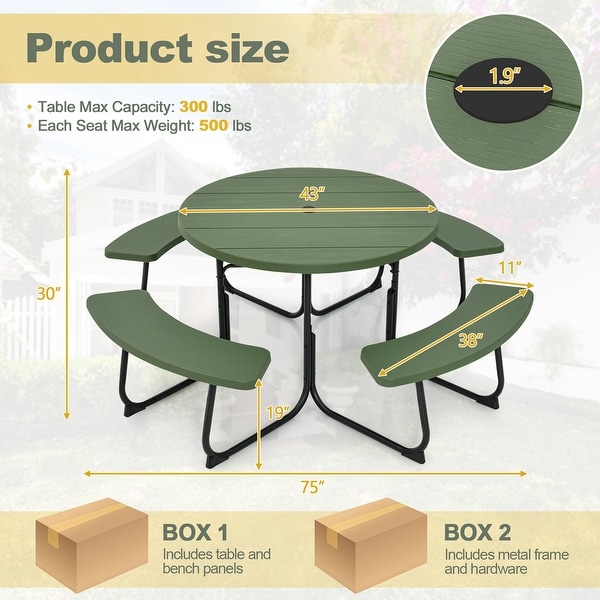 Costway Outdoor 8person Round Picnic Table Bench Set with 4 Benches and