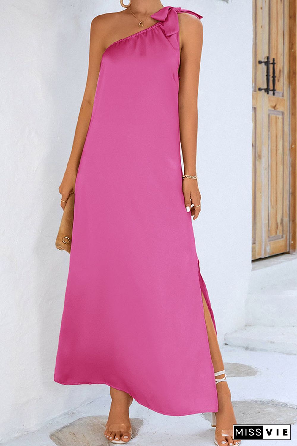 One Shoulder Tie Knot Split Maxi Dress