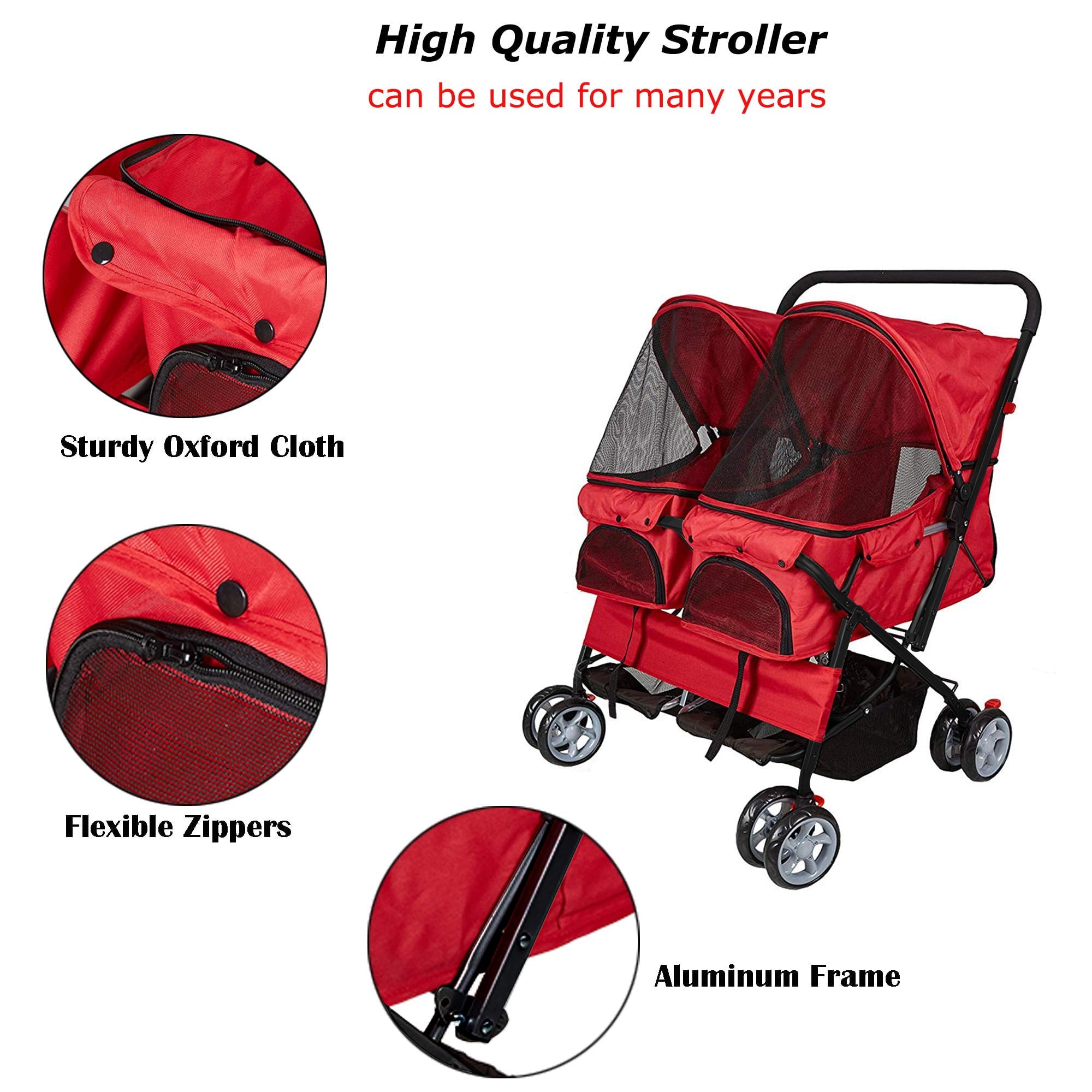 Karmas Product Pet Stroller Foldable Doggy Stroller Two-Seater Carrier Strolling Cart for Dog Cat and More Multiple， Red