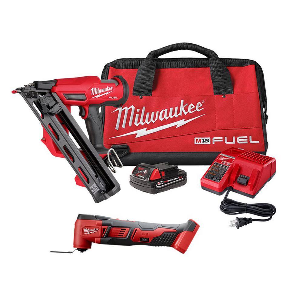 MW M18 FUEL 18-Volt Lithium-Ion Brushless Cordless Gen II 15-Gauge Angled Nailer Kit WM18 Multi-Tool 2839-21CT-2626-20