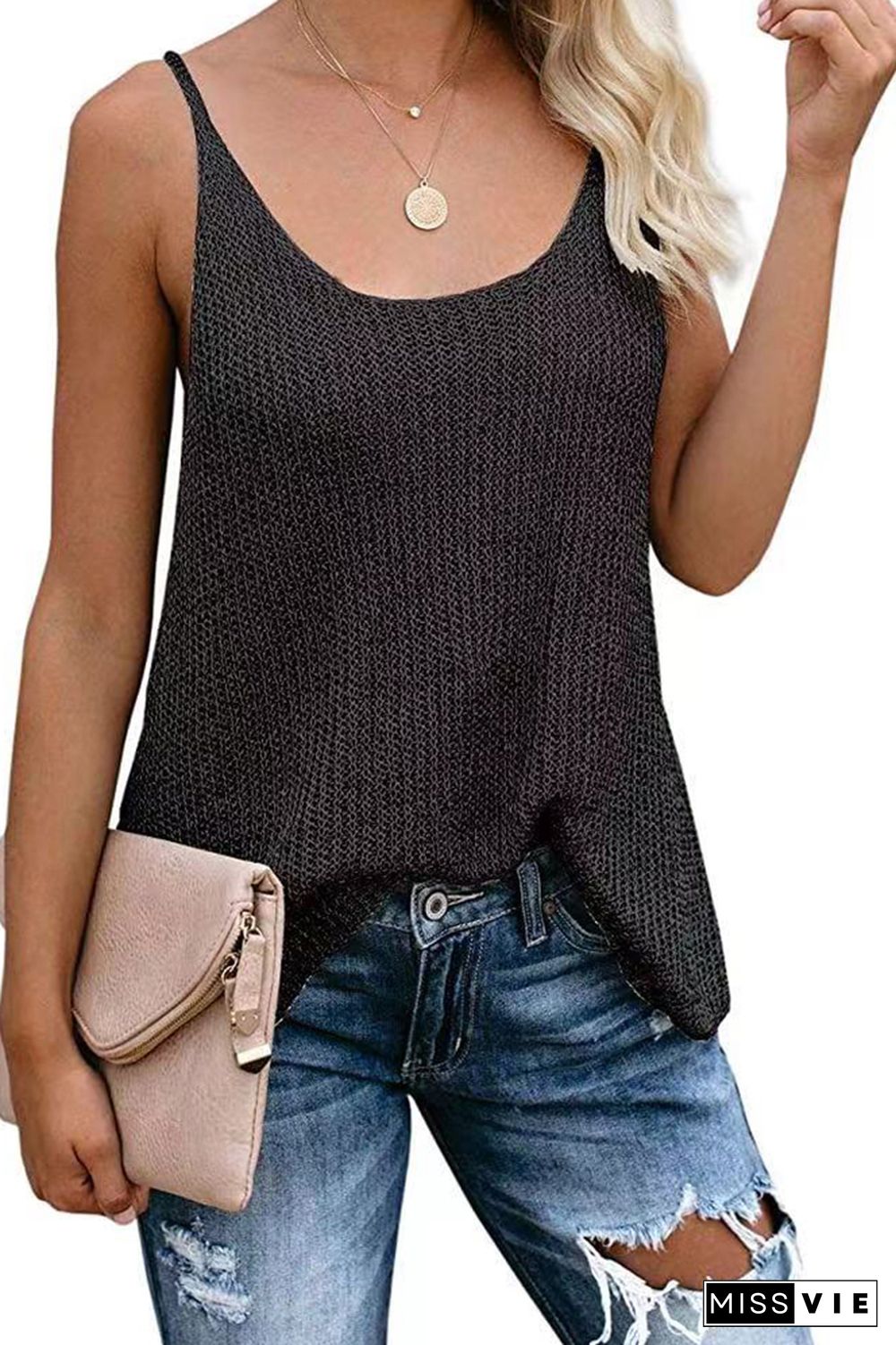 Color Block and Plain U Neck Knit Tank Top