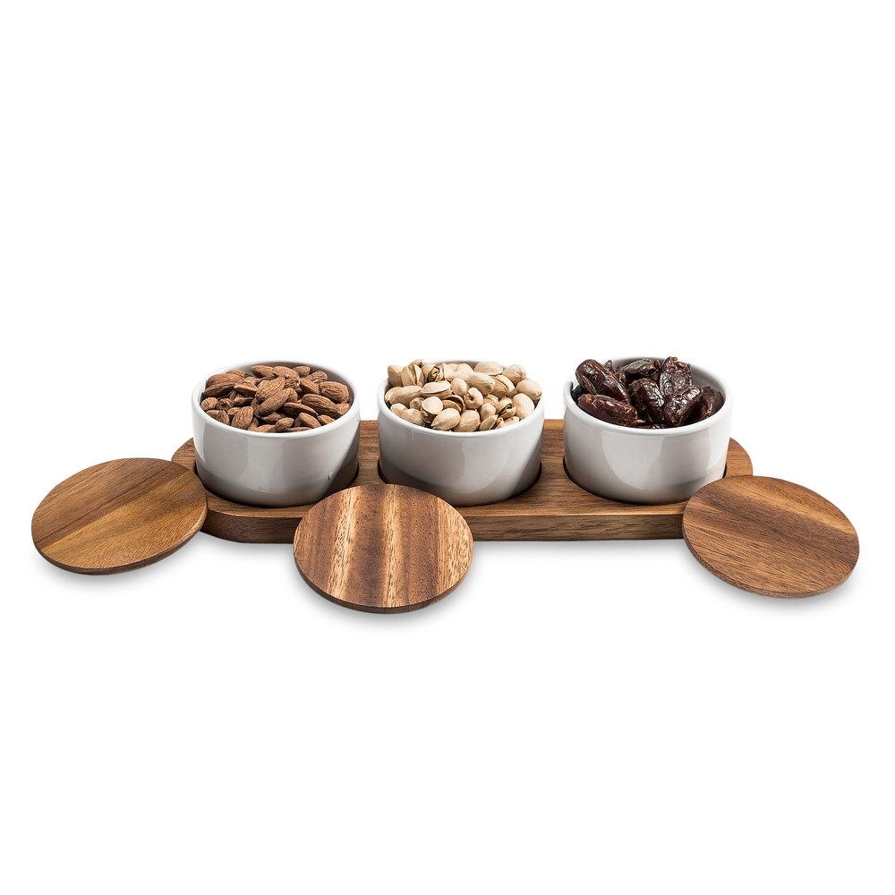 Ceramic Condiment Set on Acacia Wood Base with Lids