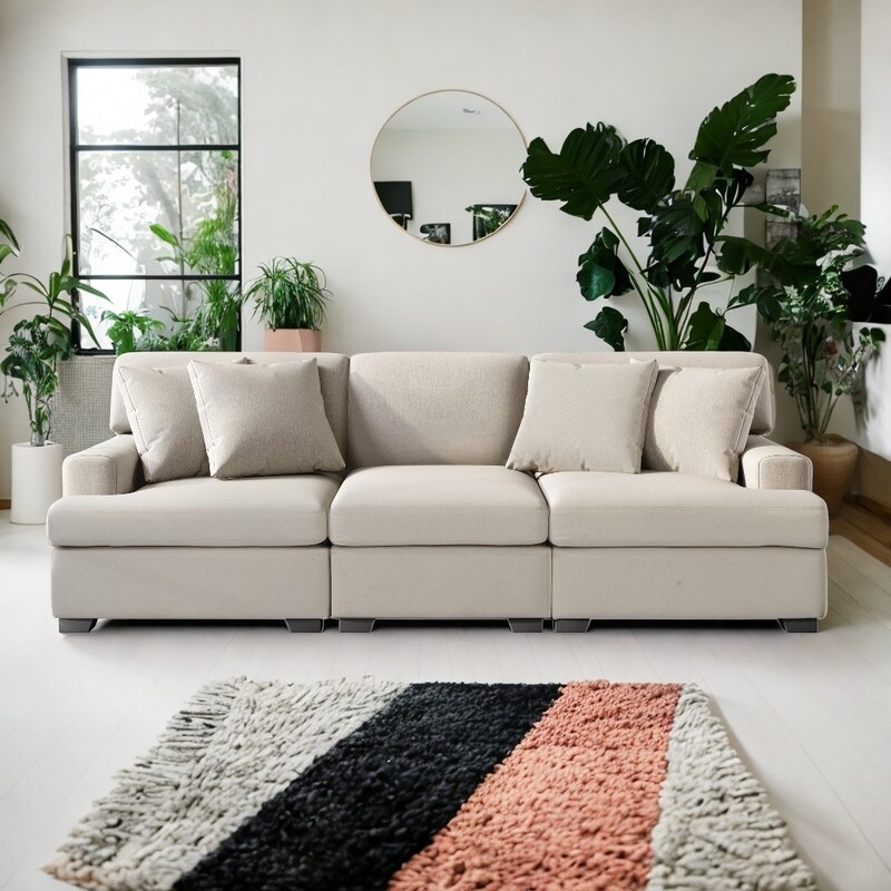 3 Seat Modern Sofa with Removable Back  Seat Cushions and 4 Comfortable Pillows  Upholstered Sofa for Living Room