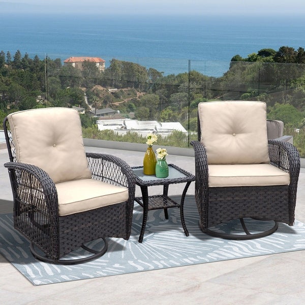 3-Pieces Conversation Set， Outdoor Wicker Rocker Swivel Patio Bistro Set， Rocking Chair with Glass Top Side Table for Garden - Overstock - 38006824