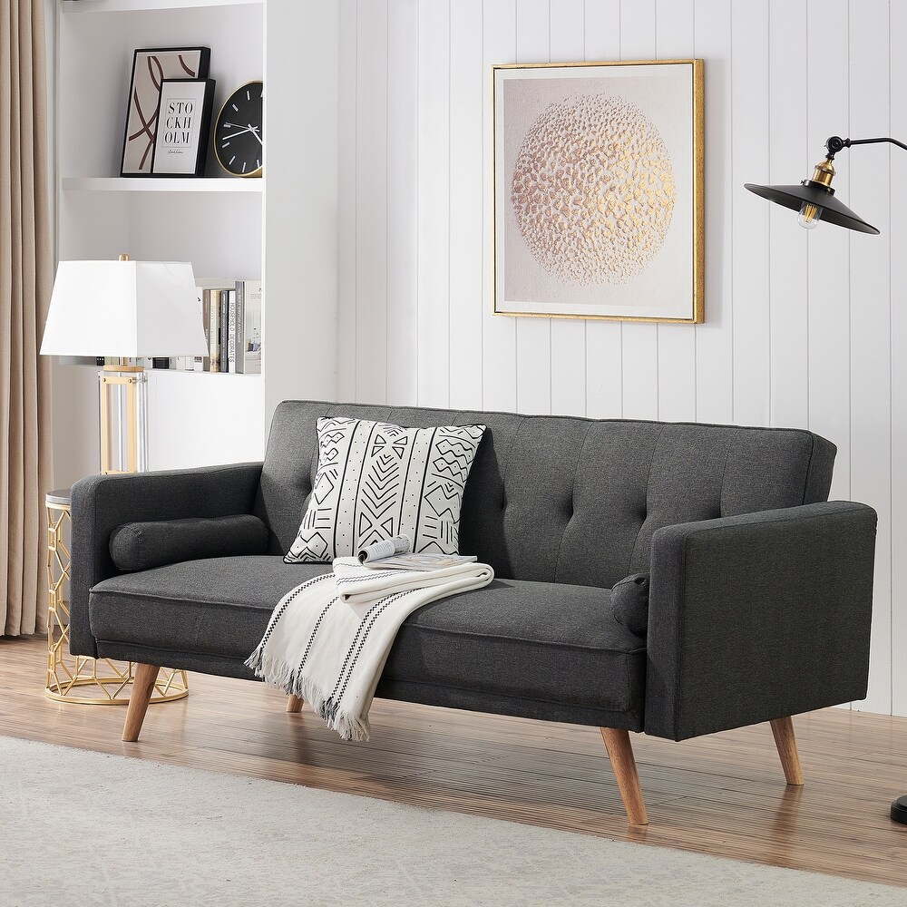 Variable Living Room Sofa Bed Folding Sofa with Adjustable Tufted Back and Round Wooded legs  Dark Gray