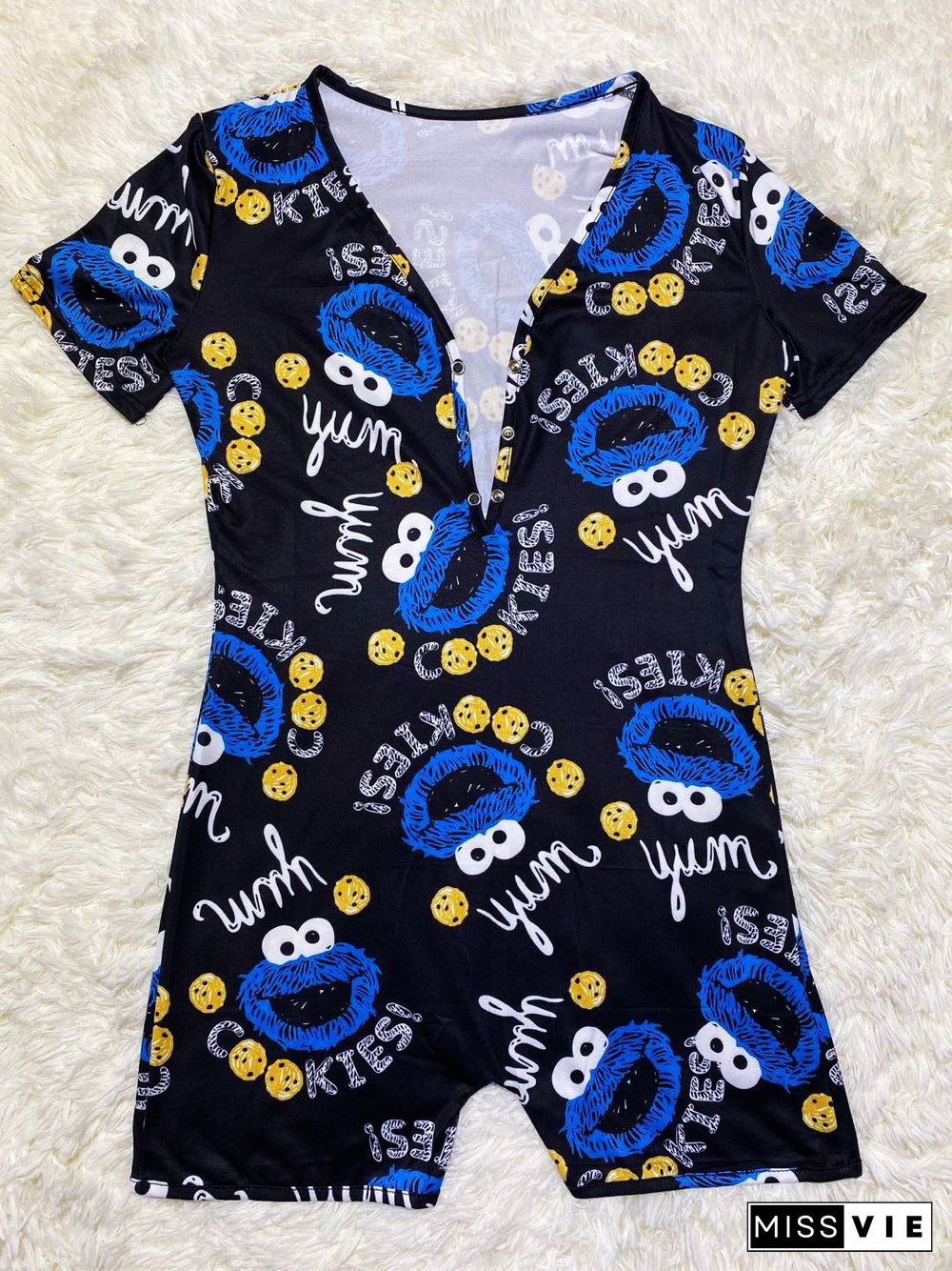 Casual Loose Cartoon Letter Printed Home Wear Romper