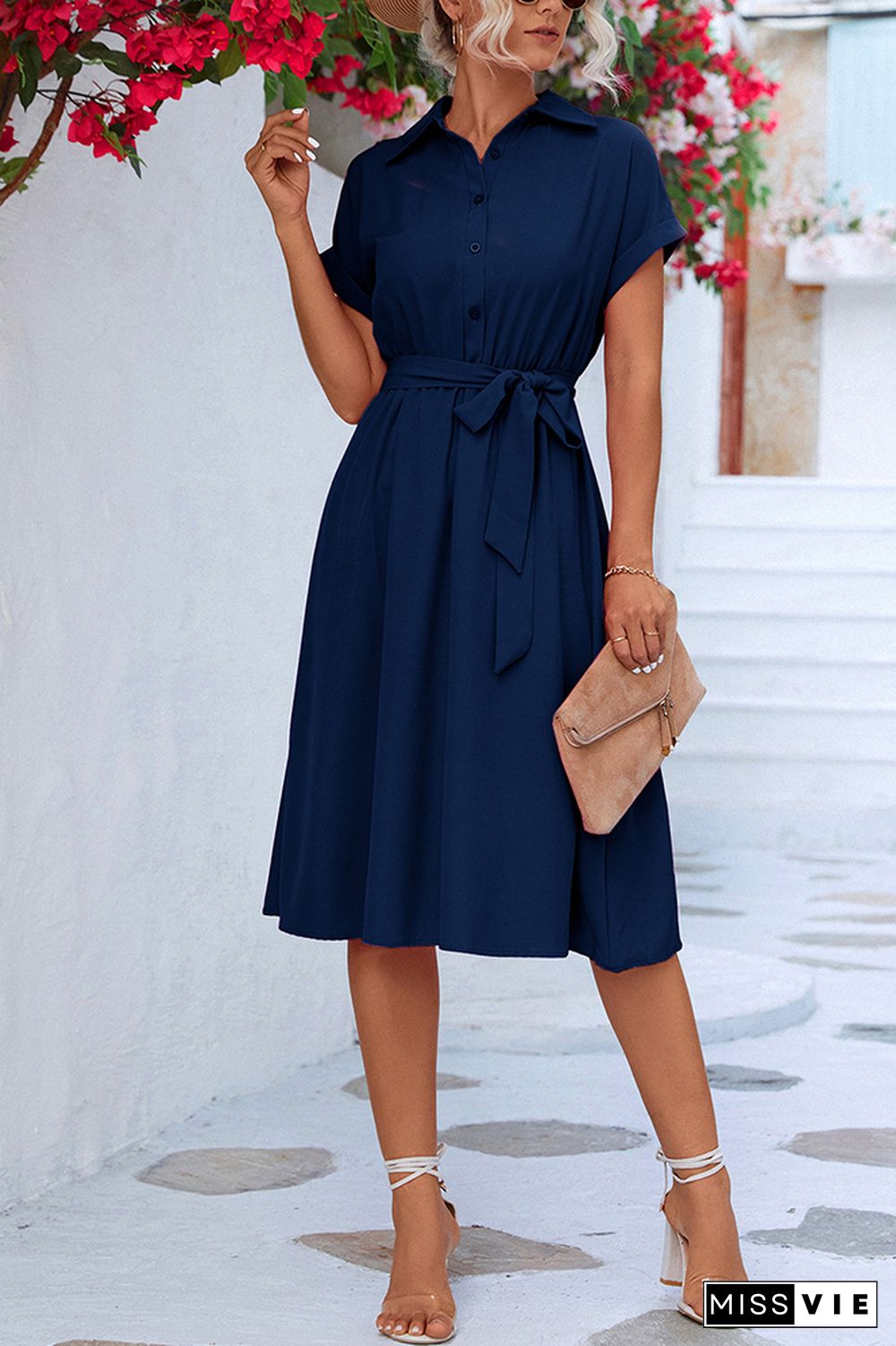 Plain Button Down Turn Down Collar Midi Dress